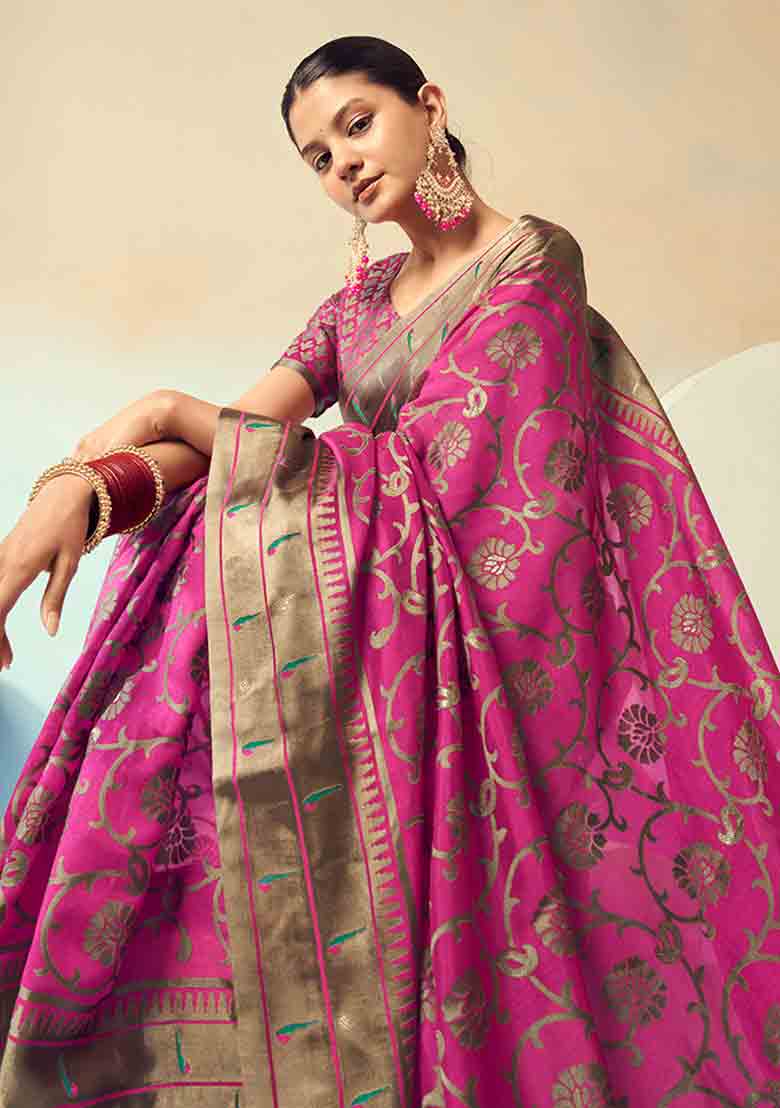 Magenta Zari Work Georgette Saree Set