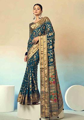 Teal Blue Zari Work Georgette Saree Set