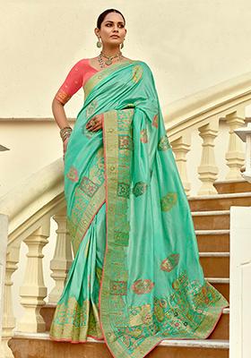 Sea Green Zari Work Silk Saree Set