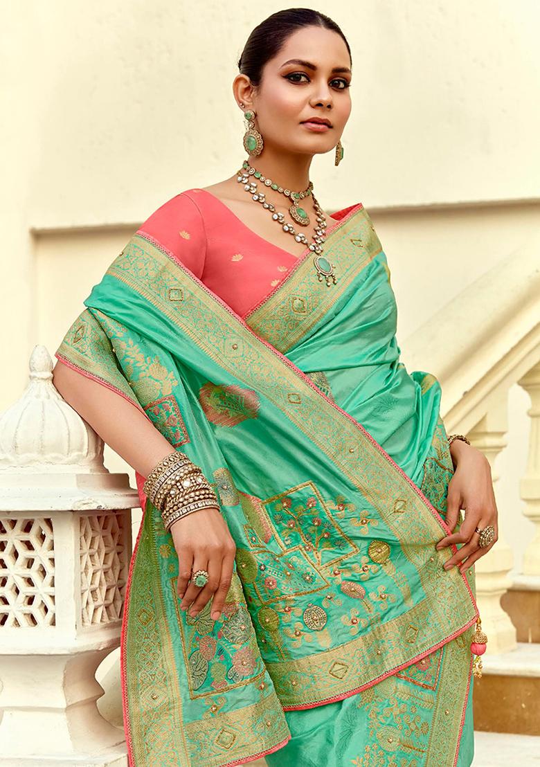 Sea Green Zari Work Silk Saree Set