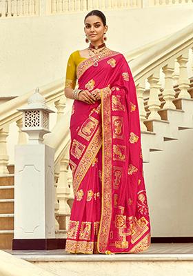 Rani Pink Zari Work Silk Saree Set