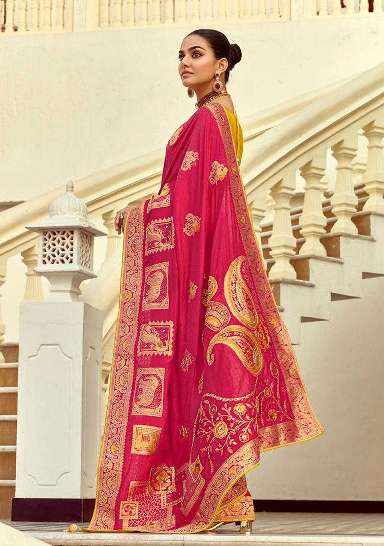 Rani Pink Zari Work Silk Saree Set