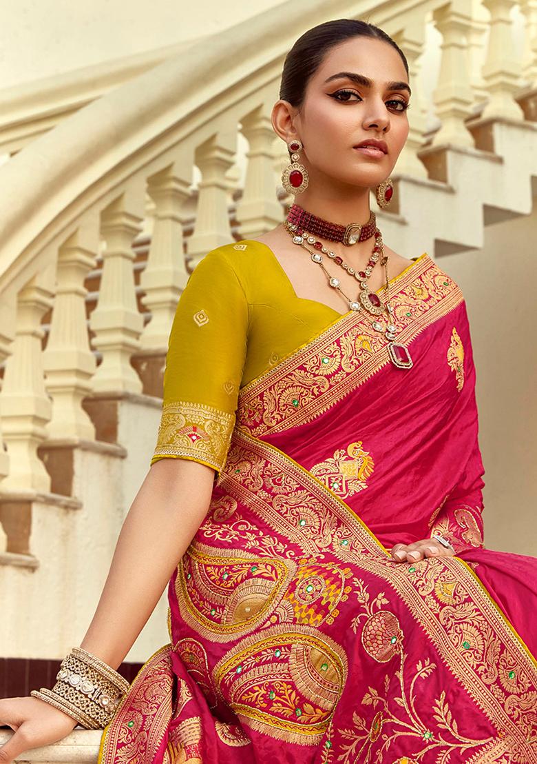 Rani Pink Zari Work Silk Saree Set