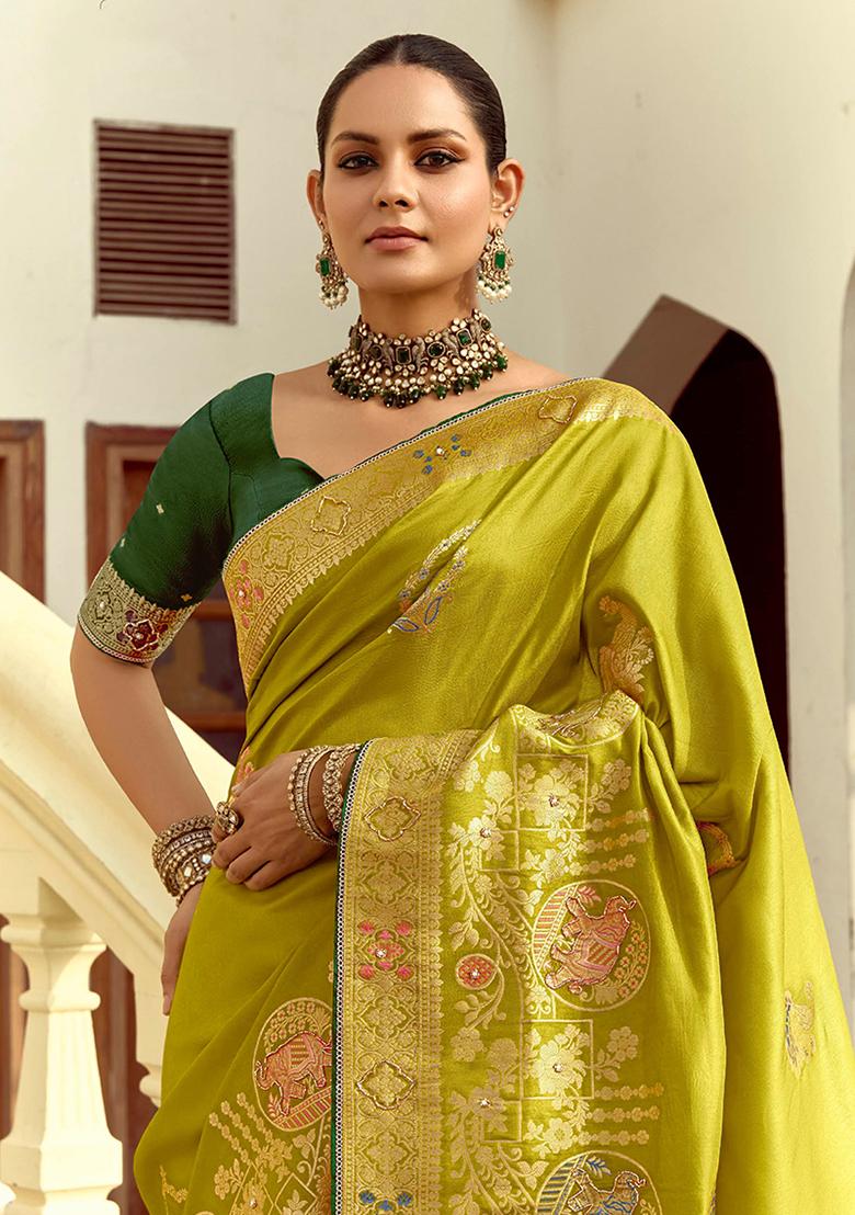 Pear Green Zari Work Silk Saree Set