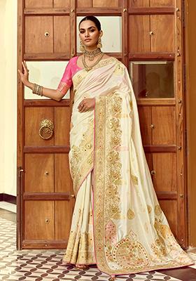 Off White Zari Work Silk Saree Set