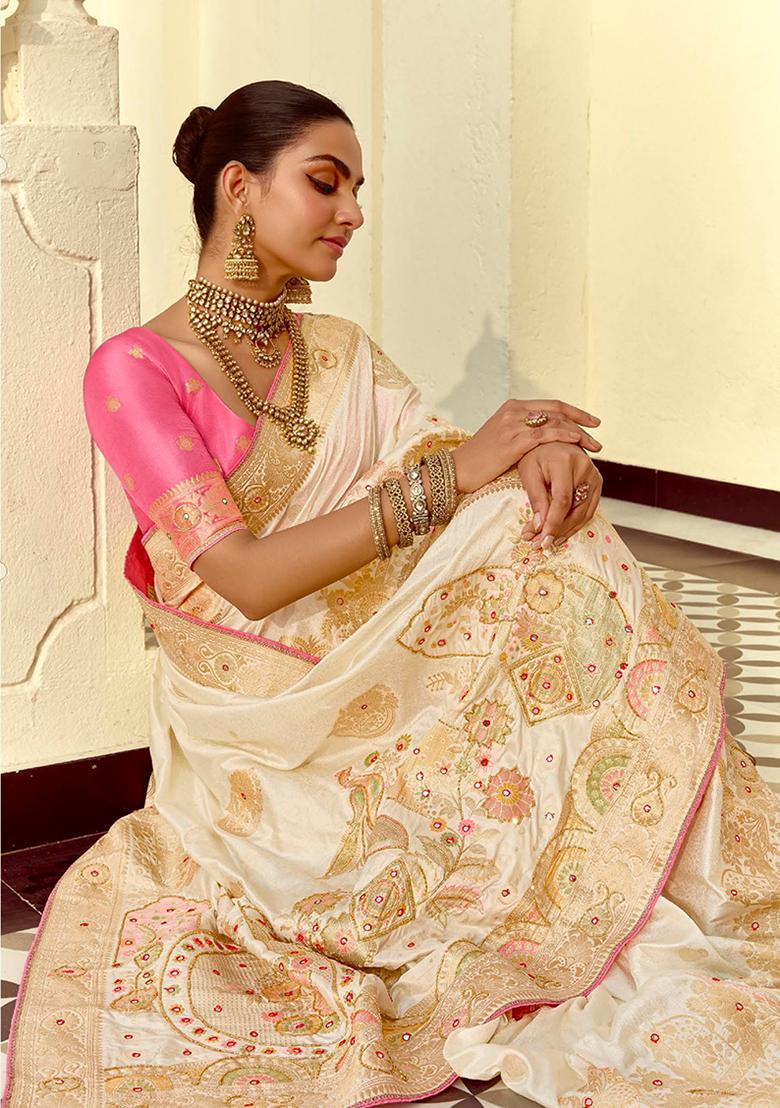 Off White Zari Work Silk Saree Set