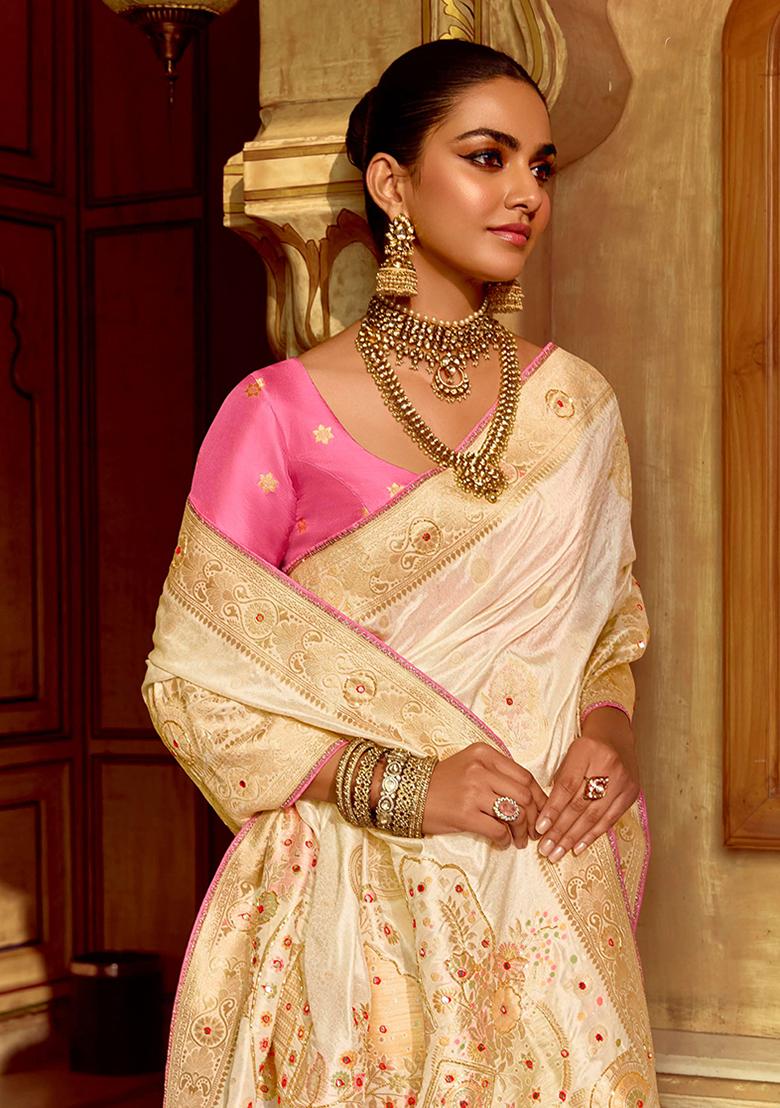 Off White Zari Work Silk Saree Set