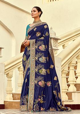 Navy Blue Zari Work Silk Saree Set