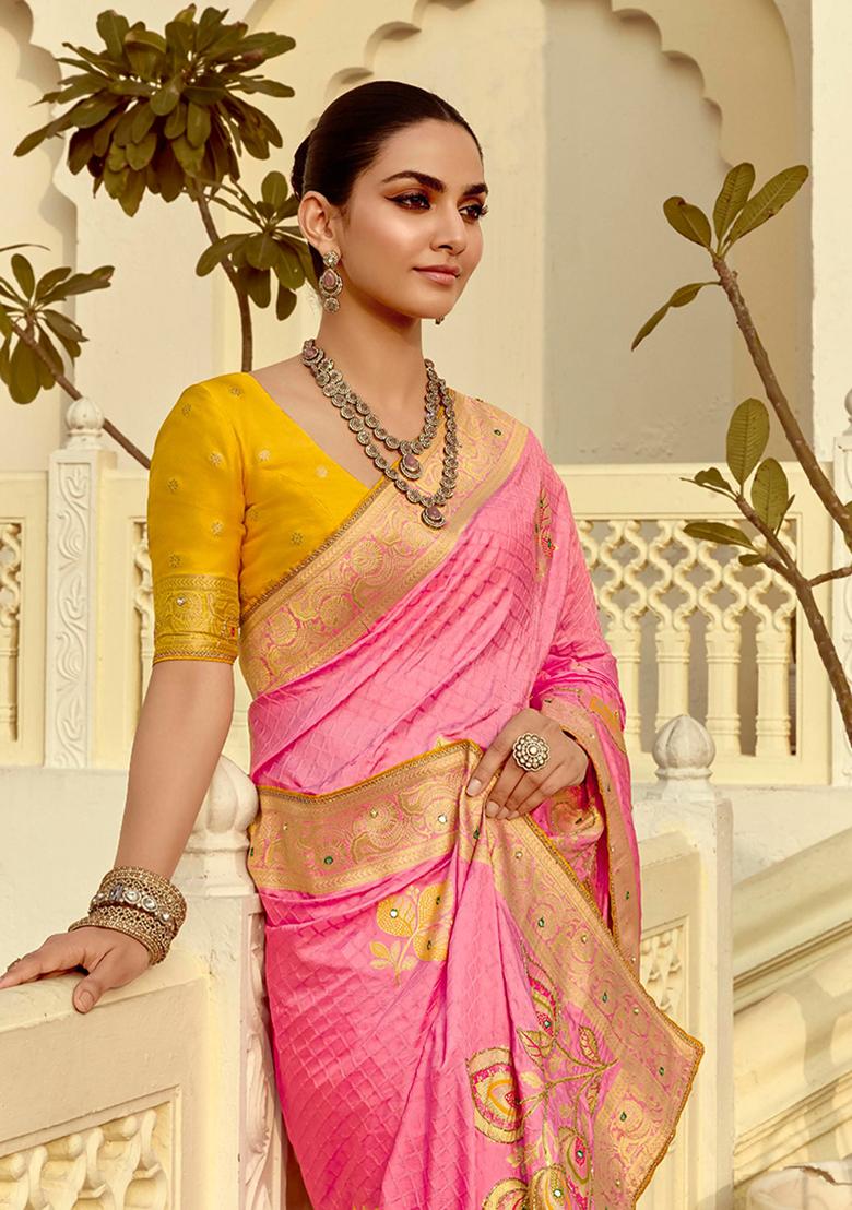 Pink Zari Work Silk Saree Set