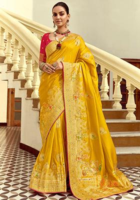Yellow Zari Work Silk Saree Set