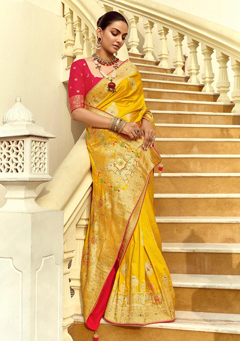 Yellow Zari Work Silk Saree Set