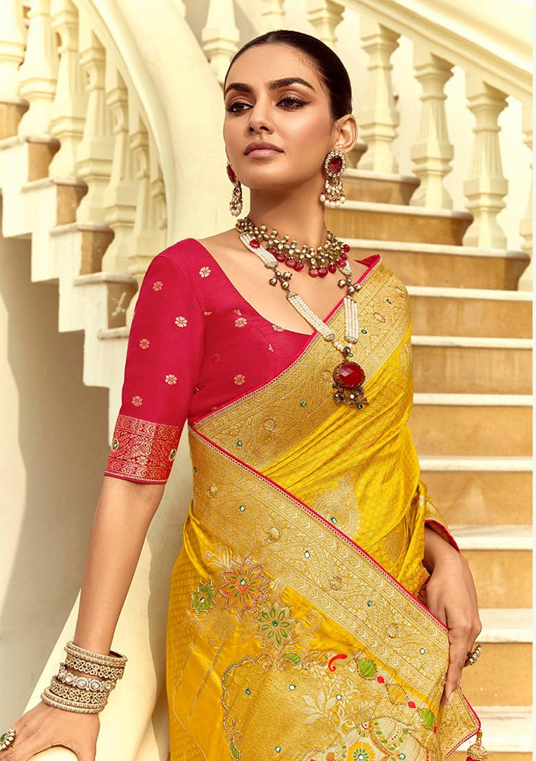 Yellow Zari Work Silk Saree Set