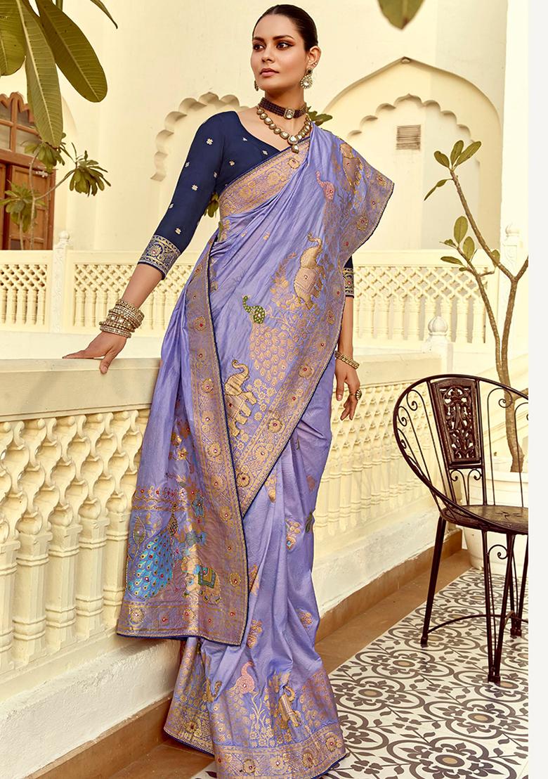 Lavender Zari Work Silk Saree Set