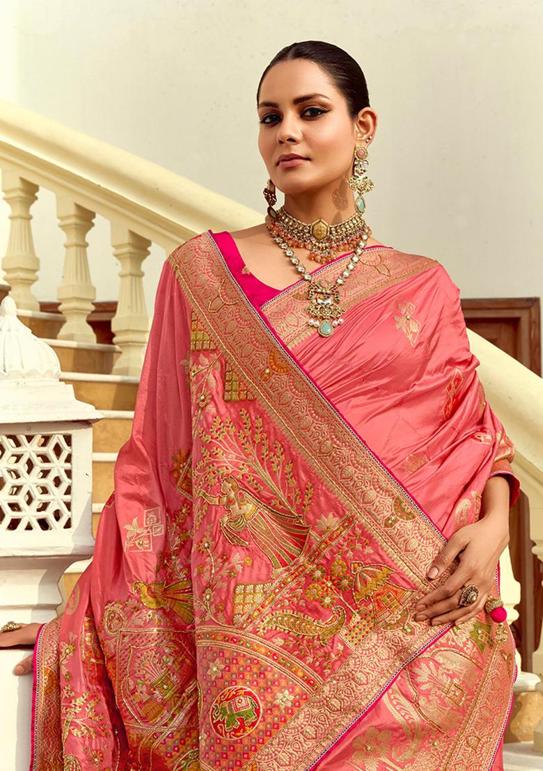Salmon Pink Zari Work Silk Saree Set