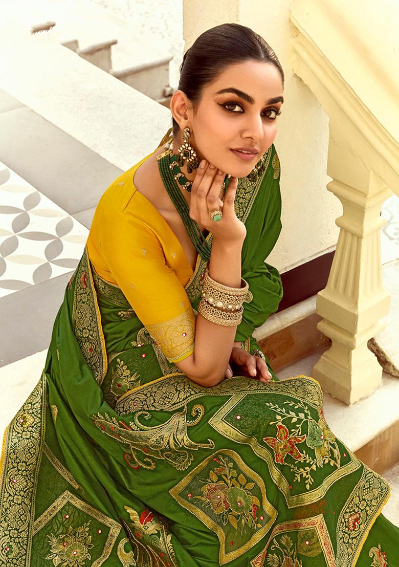 Green Zari Work Silk Saree Set