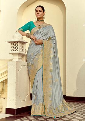 Light Grey Zari Work Silk Saree Set