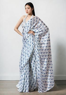 White Digital Print Chinon Pre Stitched Saree Set