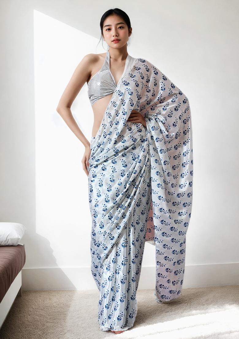 White Digital Print Chinon Pre Stitched Saree Set