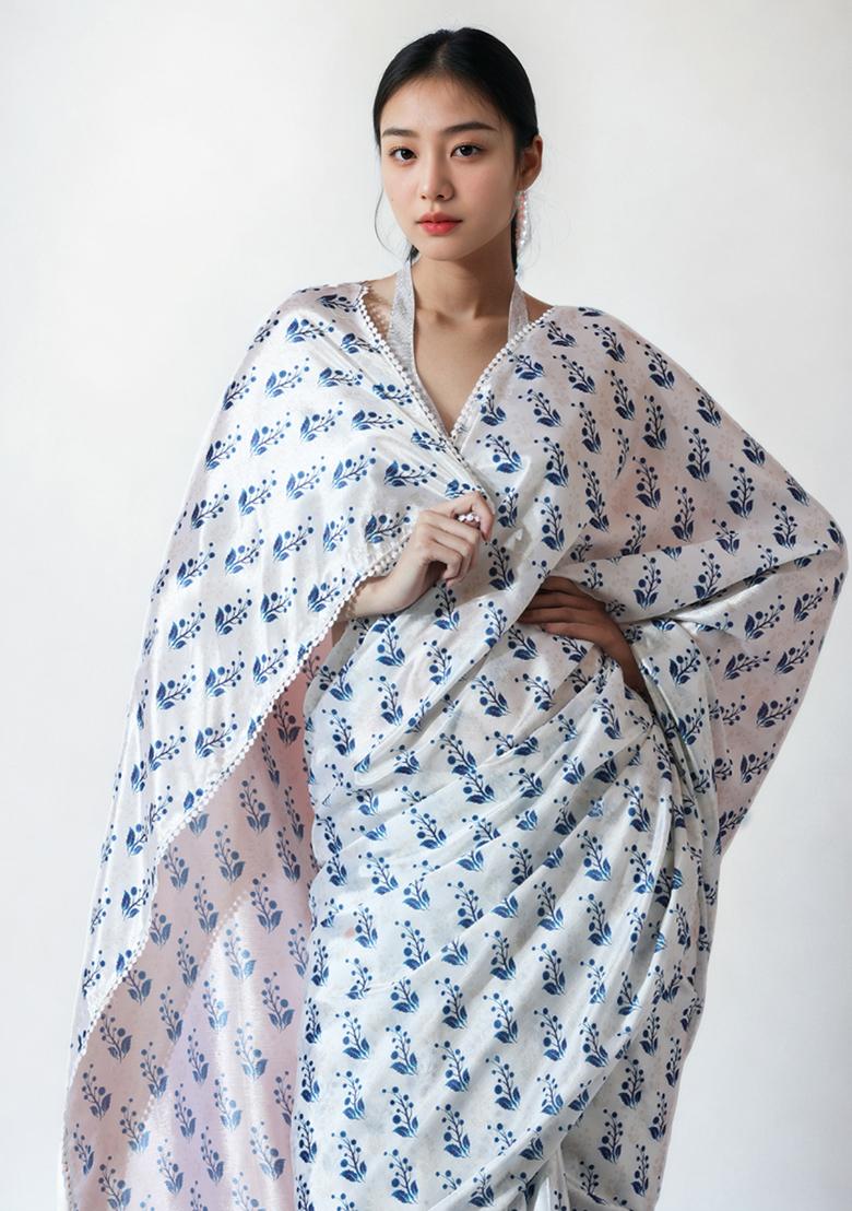 White Digital Print Chinon Pre Stitched Saree Set