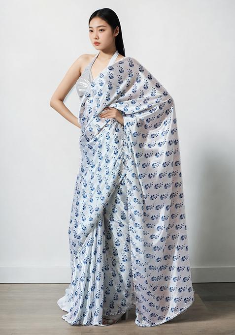 White Digital Print Chinon Pre Stitched Saree Set