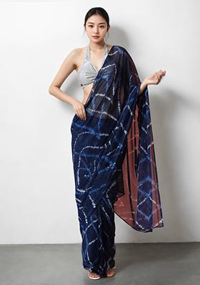 Blue Printed Marbel Chiffon Pre Stitched Saree Set