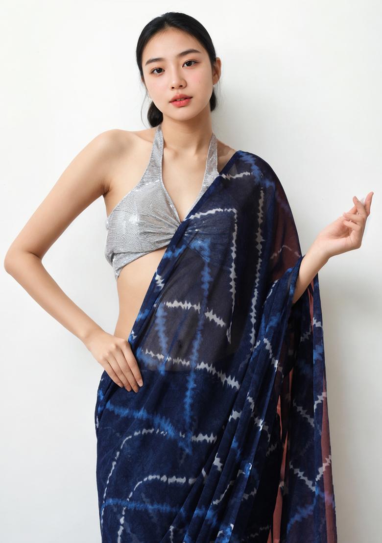 Blue Printed Marbel Chiffon Pre Stitched Saree Set