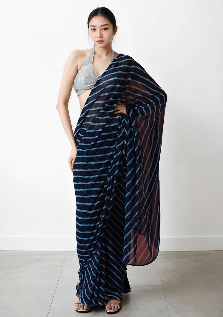 Blue Printed Marbel Chiffon Pre Stitched Saree Set - Indya