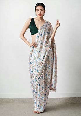 Off White Digital Print Chinon Pre Stitched Saree Set