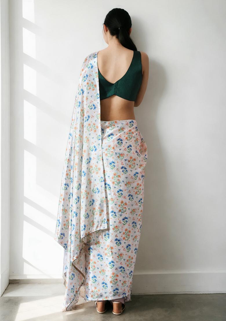 Off White Digital Print Chinon Pre Stitched Saree Set