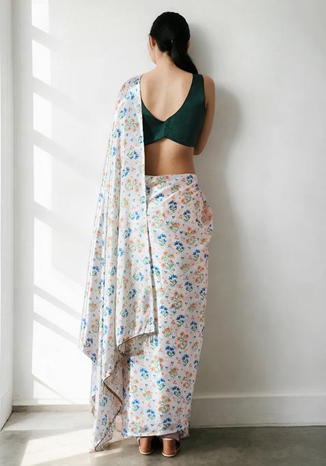 Off White Digital Print Chinon Pre Stitched Saree Set