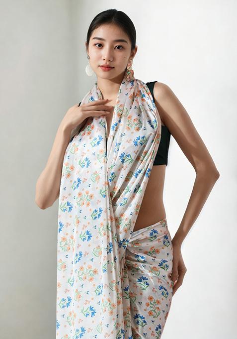 Off White Digital Print Chinon Pre Stitched Saree Set
