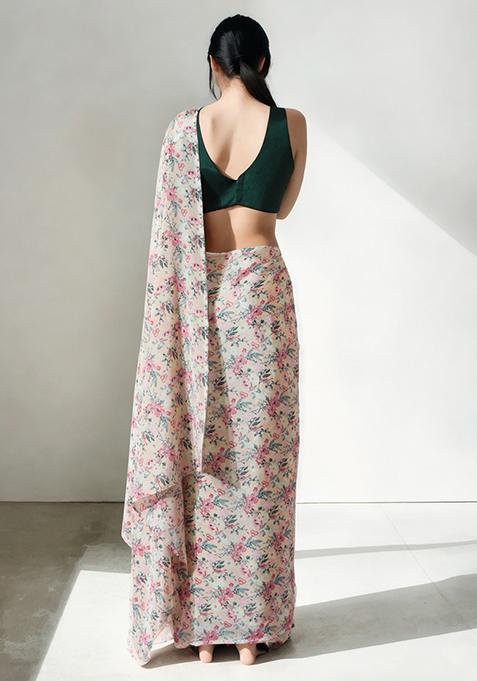 Peach Digital Print Chinon Pre Stitched Saree Set