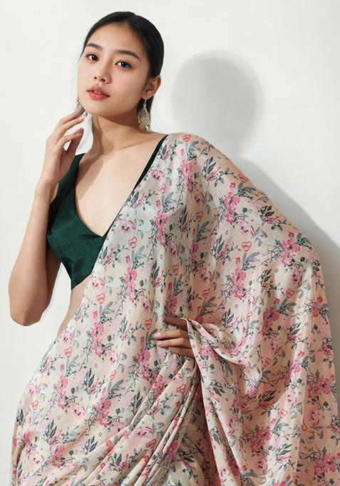 Peach Digital Print Chinon Pre Stitched Saree Set