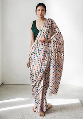 Off White Digital Print Chinon Pre Stitched Saree Set