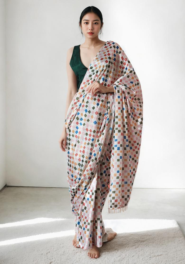Off White Digital Print Chinon Pre Stitched Saree Set
