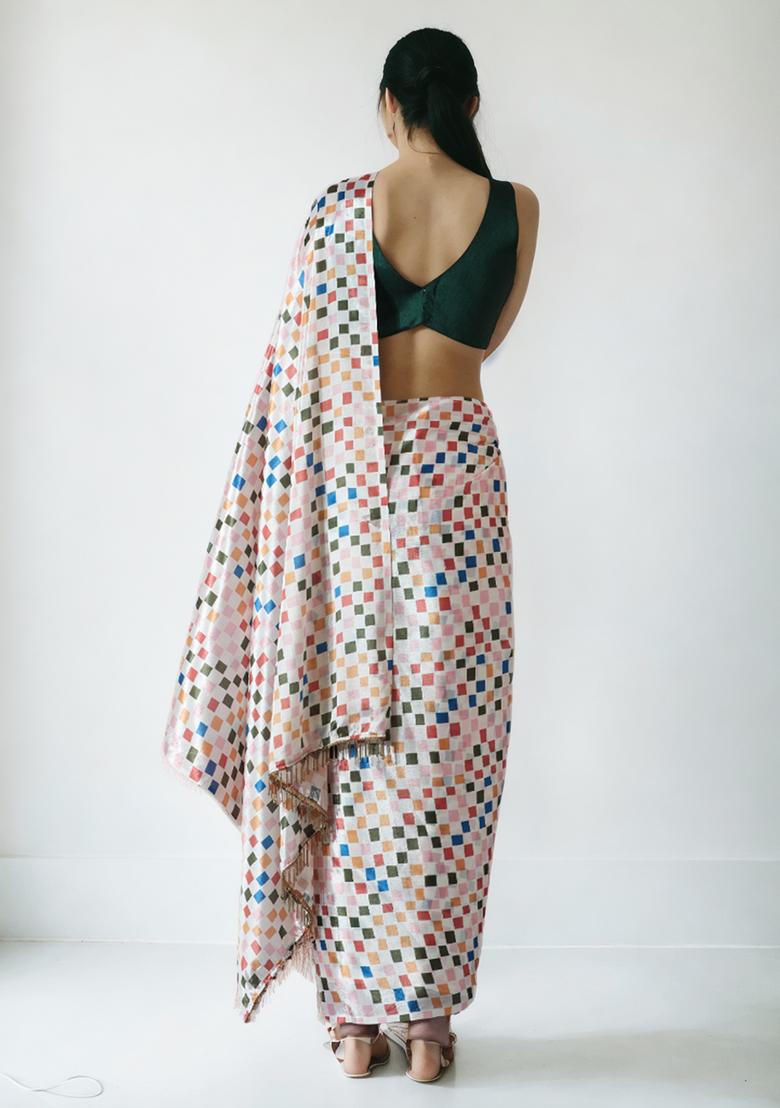 Off White Digital Print Chinon Pre Stitched Saree Set