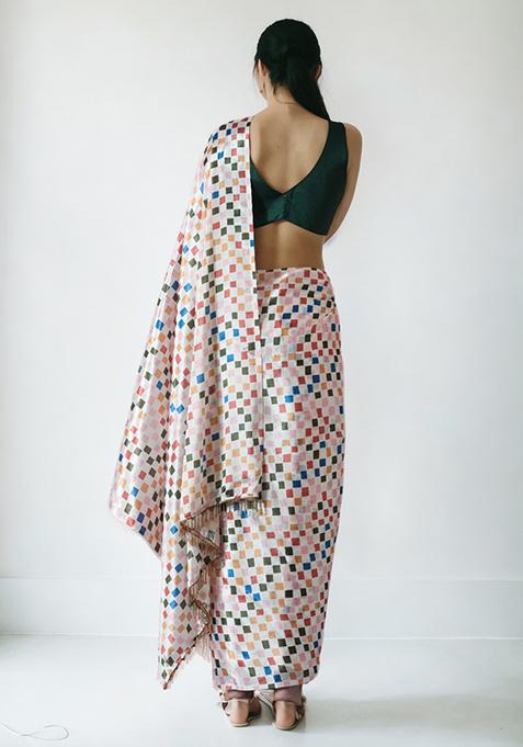 Off White Digital Print Chinon Pre Stitched Saree Set