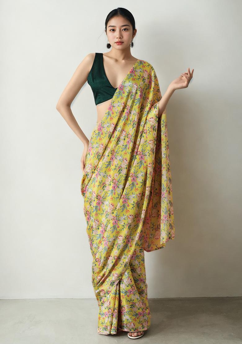 Yellow Digital Print Chinon Pre Stitched Saree Set