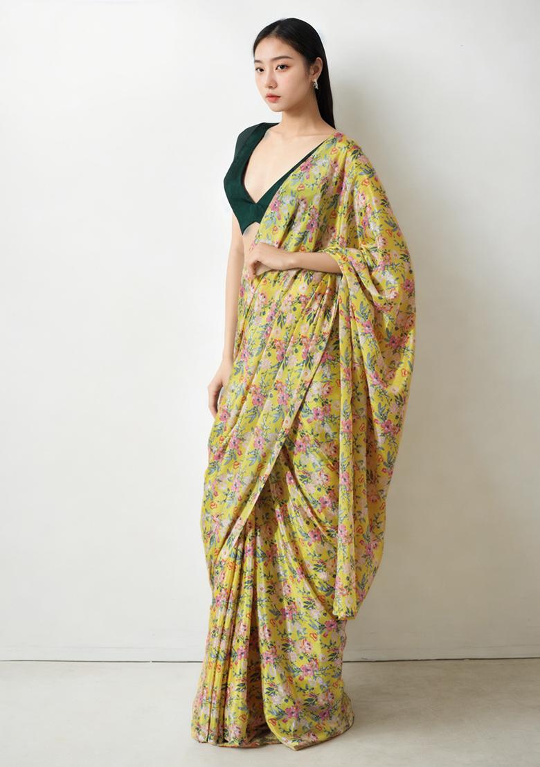 Yellow Digital Print Chinon Pre Stitched Saree Set
