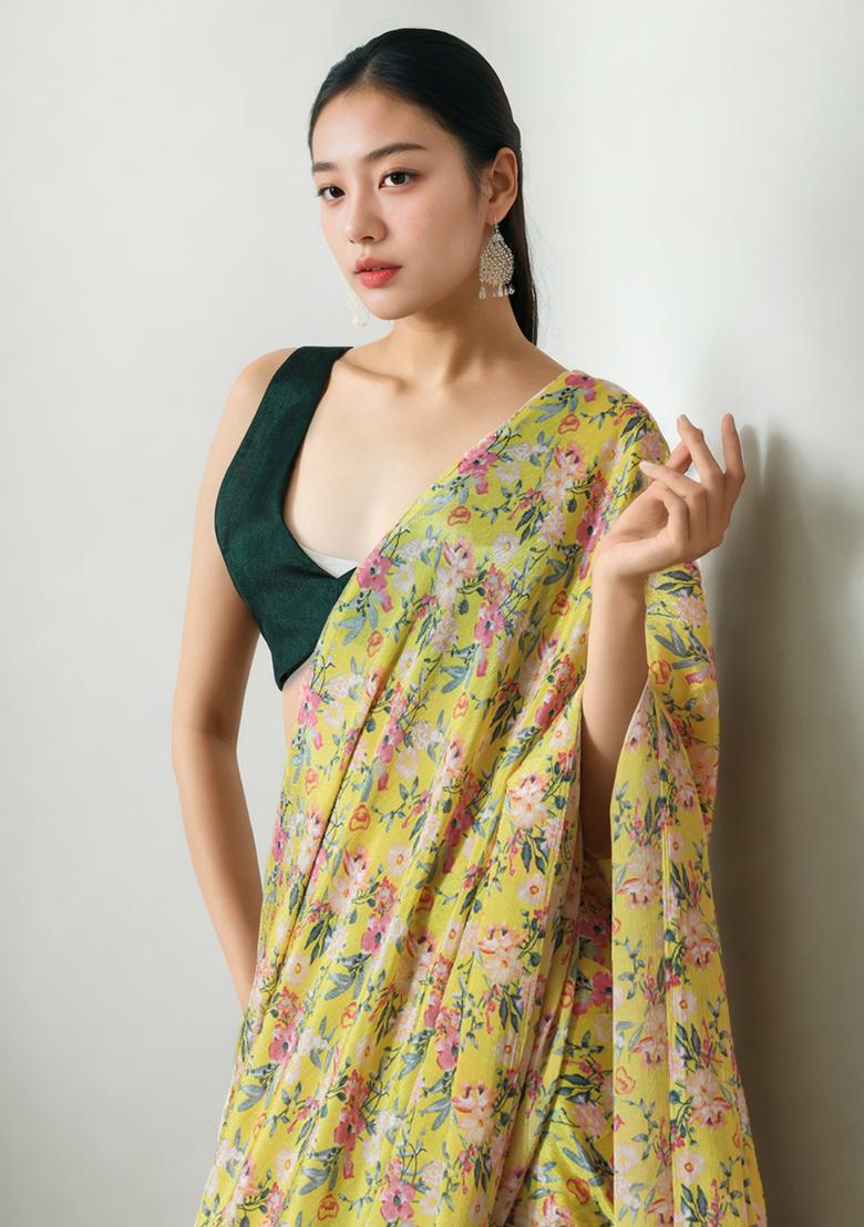 Yellow Digital Print Chinon Pre Stitched Saree Set