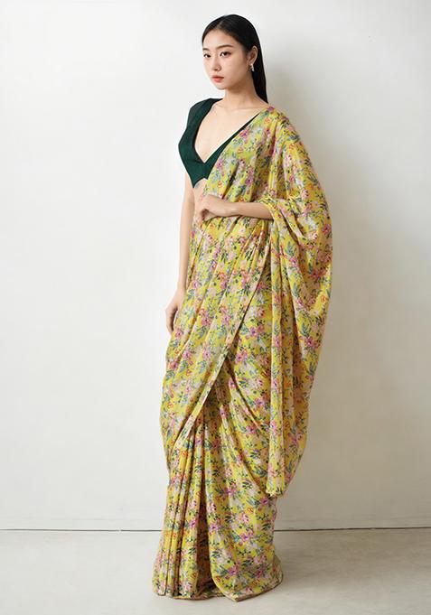 Yellow Digital Print Chinon Pre Stitched Saree Set