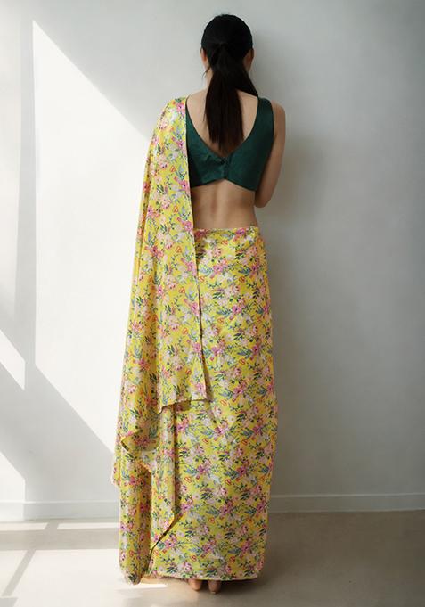 Yellow Digital Print Chinon Pre Stitched Saree Set