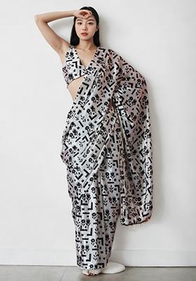 White Digital Print Chinon Pre Stitched Saree Set