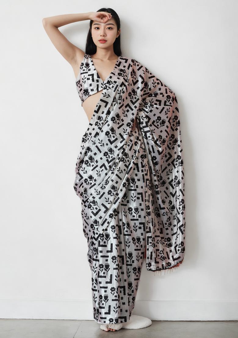 White Digital Print Chinon Pre Stitched Saree Set