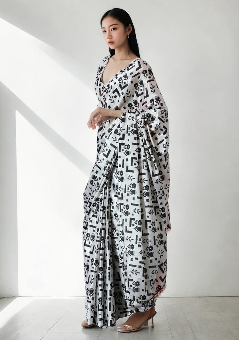 White Digital Print Chinon Pre Stitched Saree Set