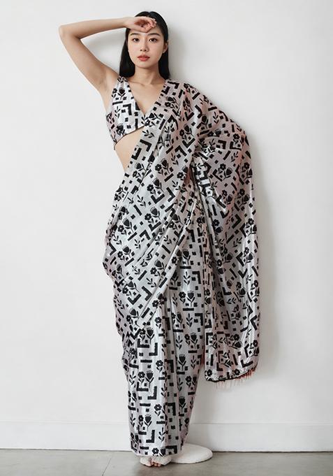 White Digital Print Chinon Pre Stitched Saree Set