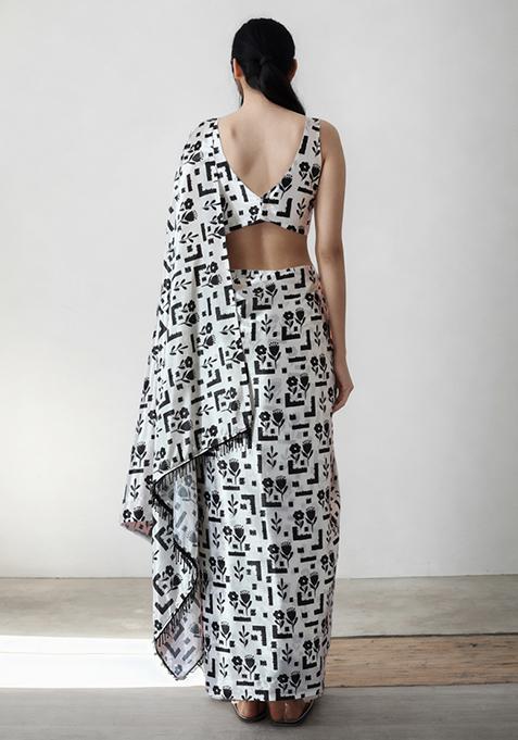 White Digital Print Chinon Pre Stitched Saree Set