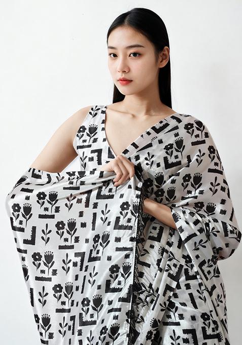 White Digital Print Chinon Pre Stitched Saree Set