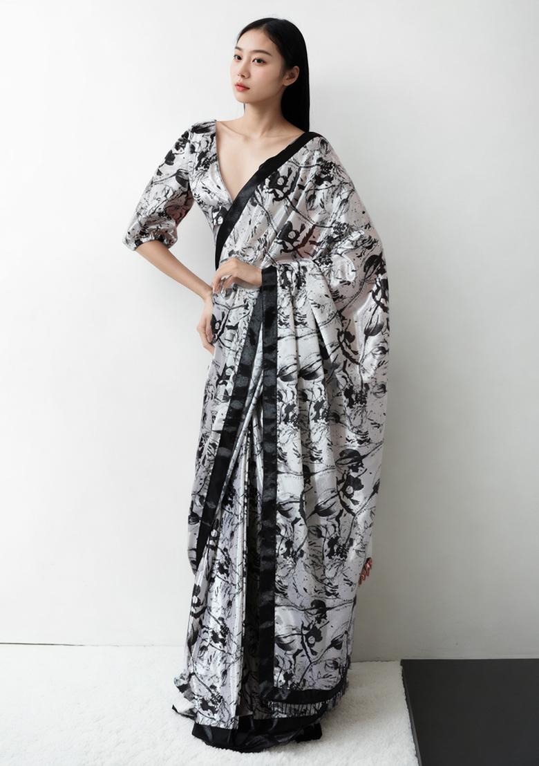 White Digital Print Chinon Pre Stitched Saree Set