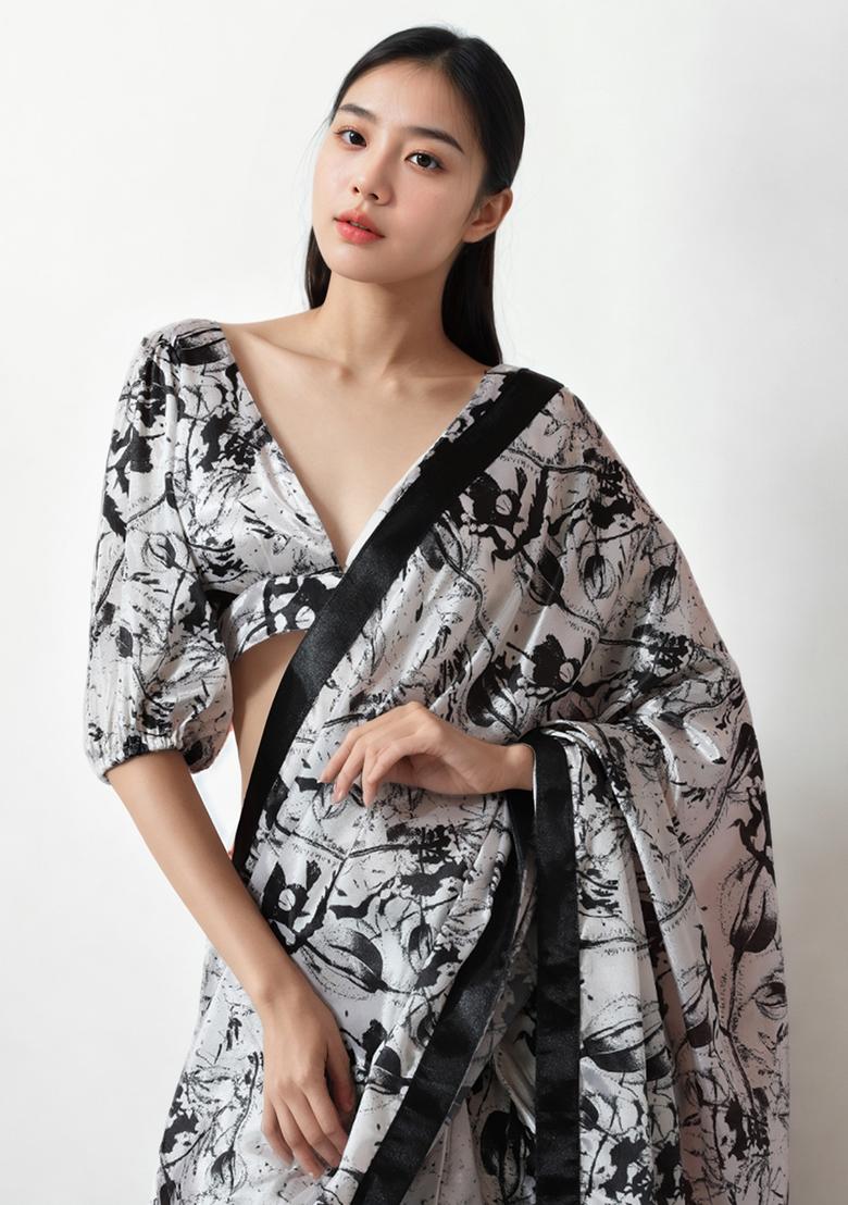 White Digital Print Chinon Pre Stitched Saree Set